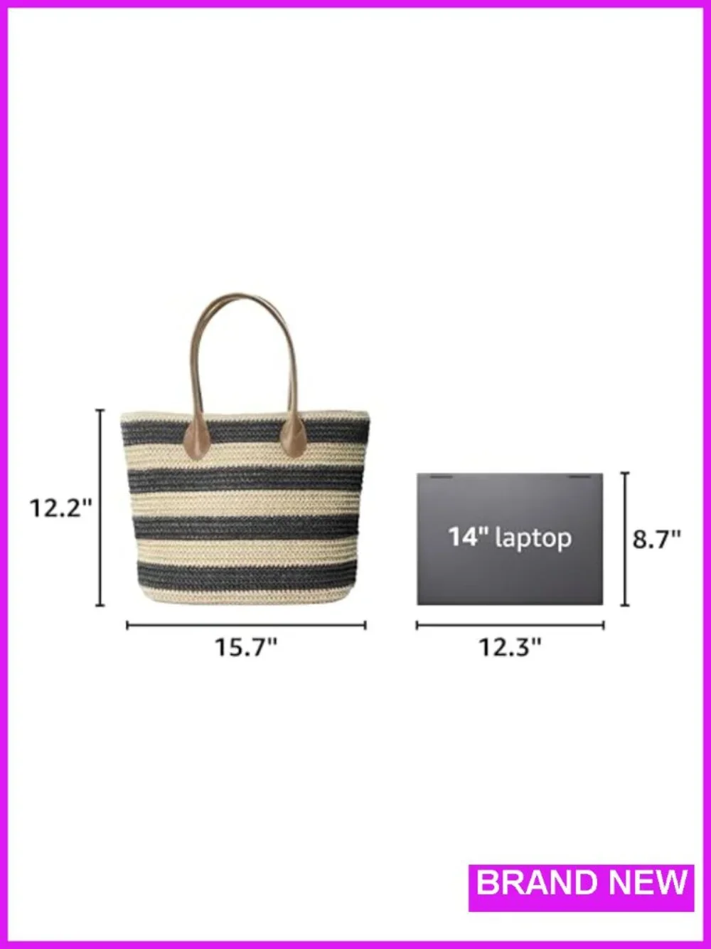 Striped Synthetic Straw Tote Lightweight Shoulder Handbag with Zipper